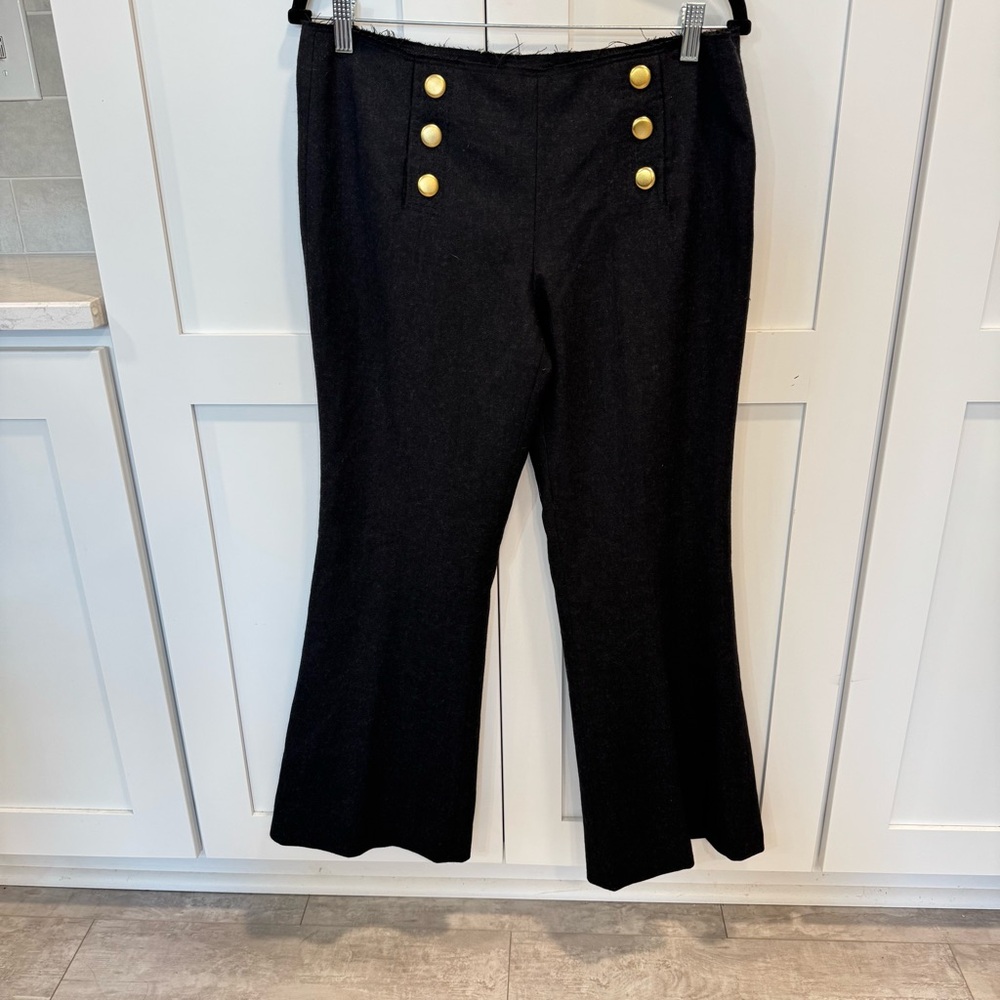 Tory Burch charcoal gray wool lined wide leg pants with gold button detail size